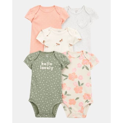 Baby Girl 5-Pack Floral Horses Short-Sleeve Cotton Bodysuits - Pink/Green (6M)