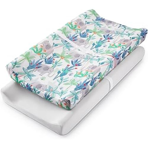 TILLYOU Baby Changing Pad Cover, Changing Table Cover for Girls Boys, Ultra Soft Breathable, 2 Pack Rainforest Elephant & Grey