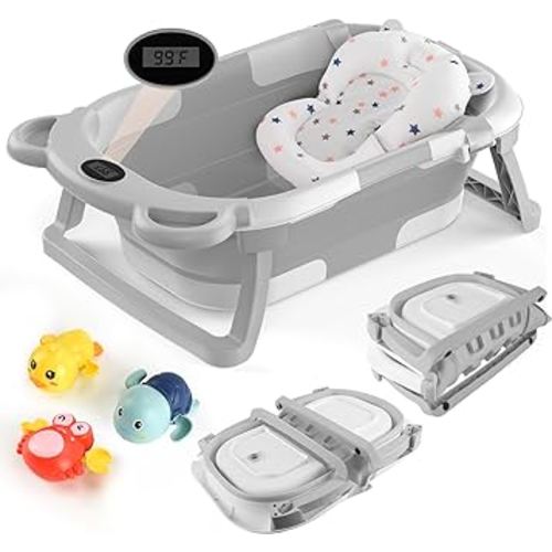 Collapsible Baby Bath Tub, Baby Bathtub for Infants to Toddler, Portable Travel Foldable Baby Bathtub & Thermometer, Drain Hole, Baby Bath Essentials for Newborn 0-36 Month