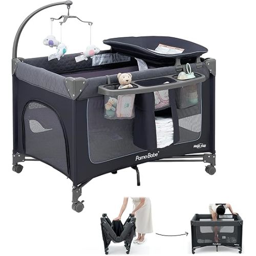 Pamo Babe 3-in-1 Baby Playard, Basic Magic Fold Nursery Center with Zip Door & Changing Table, One Second to Set Play Yard