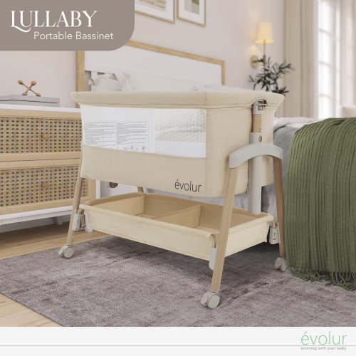 Evolur Lullaby Portable Bassinet With Wheels, Beige