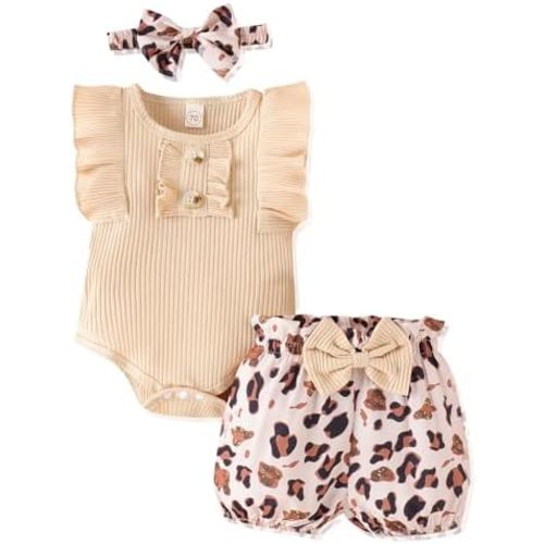 Newborn Baby Girl Clothes Outfits Ruffle Romper and Short Pant Sets with Headband Infant Bodysuits