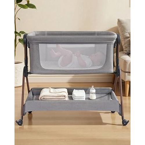 Bassinet - Baby Bassinet,3-in-1 Baby Bassinet Bedside Sleeper, Rocking Bassinet with Wheels,Comfy Mattress,Breathable Mesh,Storage,6 Height Adjustable Crib, for Day and Night(Mesh Grey)
