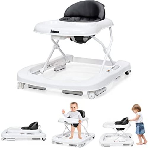 INFANS Foldable Baby Walker, 3 in 1 Toddler Walker Learning-Seated Walk-Behind for Boys and Girls, Adjustable Speed Rear Wheels, Safety Bumper, Detachable Seat Cover, Anti-Rollover (Grey)
