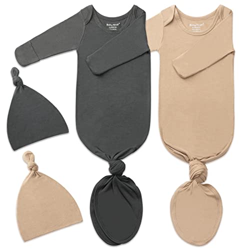2Pack Knotted Gown Baby, Super Soft Long Sleeve Newborn Hospital Outfit Boy Girl Coming Home, Built-In Mittens Clothes