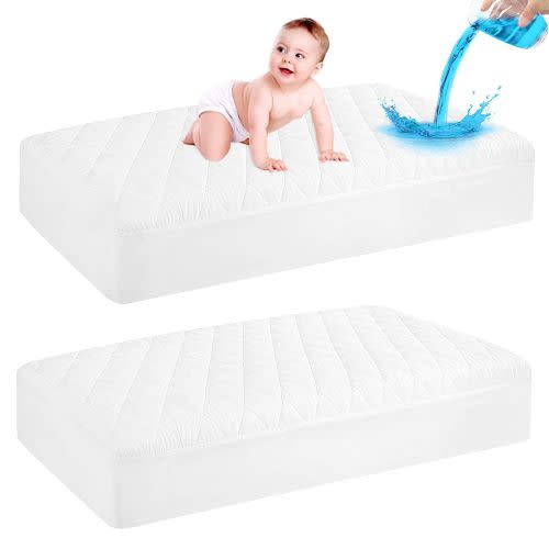 2 Pack Waterproof Crib Mattress Protector, Quilted Baby Mattress Cover Fitted Deep Pocket from 4" up to 9", Extra Soft Breathable & Noiseless Toddler Mattress Pad 52"x28", White