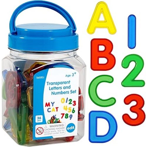 edxeducation Transparent Letters and Numbers - Mini Jar - Colorful, Plastic Letters and Numbers - Light Box Accessory - Sensory Play - Practice Counting and Spelling