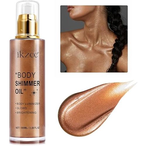 Body Shimmer Oil 100ml, Moisturizing Long Lasting Body Luminizer Face Brighten, Waterproof Liquid Illuminator Body Glow, Shimmer Body Glitter Oil Highlighter Summer Glowing Makeup (#03 Bronze Gold)