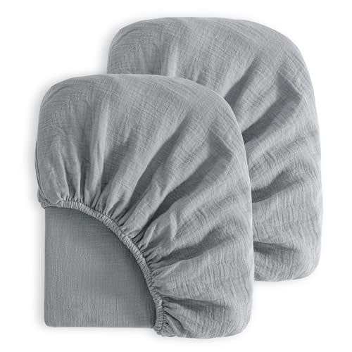NTBAY 2 Pack Muslin Cotton Mini Crib Sheets, Soft and Breathable Double Layer 24x38 Baby Crib Sheets for Mini Crib and Toddler Mattresses, Boys, Girls, Unisex, Grey, 24x38 Inches