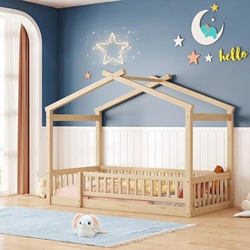 Bellemave Twin Size Wooden Montessori Style House Bed Frame with Fence Railings for Kids, Teens, Girls, Boys