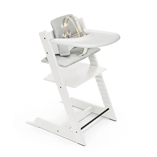 Tripp Trapp High Chair and Cushion with Stokke Tray - White with Nordic Grey - Adjustable, Convertible, All-in-One High Chair for Babies & Toddlers - High Chair, Cushion & Stokke Tray