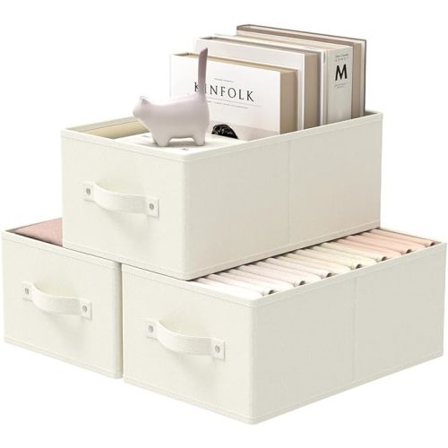 Fabric Storage Boxes for Shelves, 3 Pack Foldable Cloth Bins, Closet Organizers System with 2 Handles, Durable and Sturdy, Saving Space, Beige, 16.1 x 9.8 x 6.5 In, XSNY11BEM-3