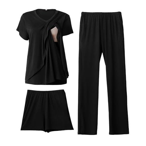 Rnxrbb V Neck Nursing Pajamas Set Postpartum Pajama Maternity Breastfeeding Pjs for Women 3 Pack Double Layer with Pockets