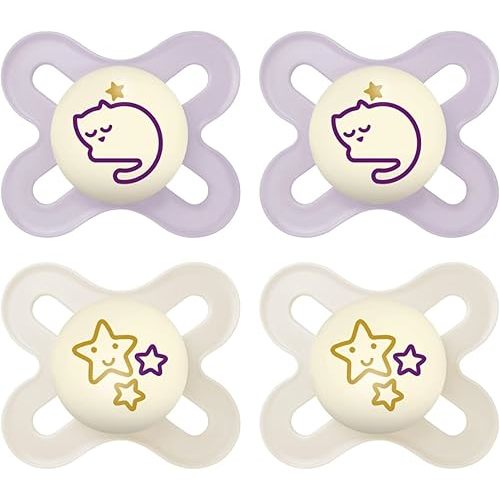 MAM Original Start Night Baby Pacifiers, Binky for 0-3 Months, BPA-Free Silicone Nipple, Easy to Clean, Best for Newborn Babies, Developed with Medical Experts, 4 Count Binkies with Sterilizer Case
