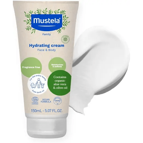Mustela Certified Organic Hydrating Cream - Natural Body Lotion w/Olive Oil, Aloe Vera & Sunflower Oil - For Baby, Kid & Adult - Fragrance Free, EWG Verified & Vegan - 5.07 oz. - Packaging may vary
