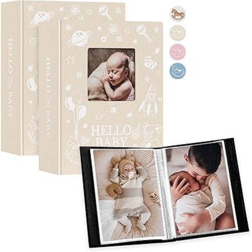 Lanpn Baby Photo Album 4x6 100 Pockets 2 Packs, Mini Linen DIY Window Photo Book Newborn Bebe Album Memory Book Sets, Holds 100 Top Loader Vertical Pictures Gift for Kids Boy Girl Baby Shower, Beige
