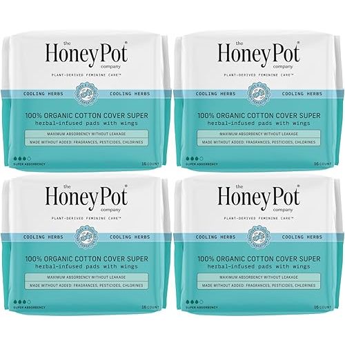 The Honey Pot Company - 64ct - Herbal Pads for Women - Super Pads w/Wings - Infused w/Essential Oils for Cooling Effect, Organic Cotton Cover, & Ultra-Absorbent Pulp Core - Feminine Care