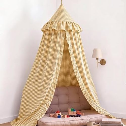 SmoothNovelty Gingham Plaid Bed Canopy, Yellow White, Round