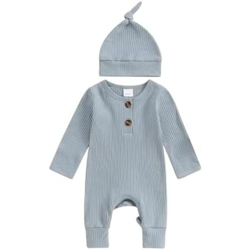 Newborn Baby Boy Girl Clothes Infant Ribbed Romper Solid Long Sleeve Knit Bodysuit Jumpsuit Hat Coming Home Outfit