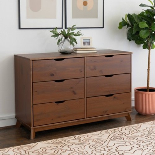Powell Pensy Solid Wood Mid-Century Modern 6 Drawer Dresser Walnut: Bedroom Storage, Pine Frame, Metal Glides