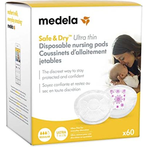 Medela Safe & Dry Ultra Thin Disposable Nursing Pads, 60 Count Breast Pads for Breastfeeding, Leakproof Design, Slender and Contoured for Optimal Fit and Discretion