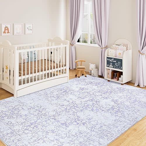 DUKINO Washable Area Rug 5x7, Boho Low-Pile Rugs for Living Room, Non Slip Rubber Backing Girls Rugs, Soft Vintage Nursery Rug for Living Room, Bedroom, Dining Room, and Office, Purple