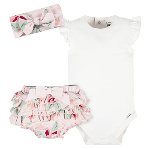 Gerber baby-girls 3-piece Short Sleeve Onesies, Diaper Cover & Headband Set