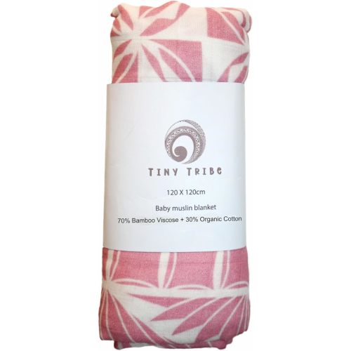 TINY TRIBE Tongan Polynesian Baby Muslin Blanket, 47 x 47 inches, Pink Tribal Pattern, 70% Bamboo Viscose + 30% Organic Cotton