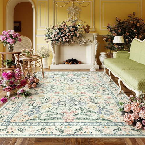 Moynesa 5'x7' Washable Rugs for Living Room, Boho Light Beige Floral Rugs for Bedroom Girls Non Slip, Soft Low-Pile Nursery Carpet Rug for Dining Room Indoor,Beige