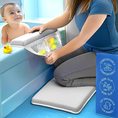 colsen Baby Bath Kneeler and Elbow Kneeling Rest Pad Set – Comfortable, 1.5” Thick, Painless, Non-Slip, Foldable Mat for Bathing Parents, with Toy Organizer for Babies and Toddlers - Grey