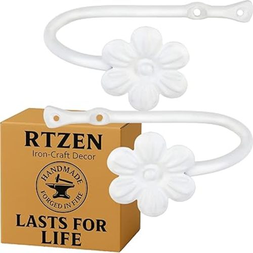 RTZEN Decorative Metal Curtain Tiebacks - Farmhouse Wrought Iron Curtain Holdbacks - Drapery Holders for Wall - Unique Metal Tie Backs for Curtains - 2 Pcs (White Flower)