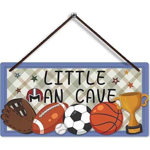 Fun-Plus Little Man Cave Sign,Boys Room Decor Soccer Basketball Baseball Football Wall Art,Door Hanging Plaque for Baby Nursery Room Kids Bedroom Playroom Room, brown