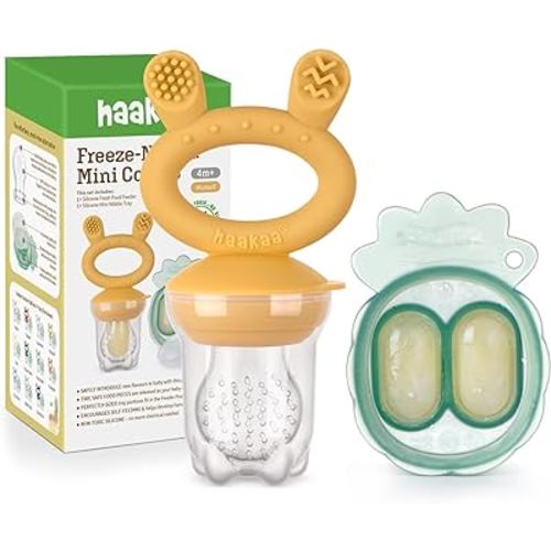 Haakaa Baby Fruit Food Feeder & Mini Freezer Nibble Tray Combo, Breastmilk Popsicle Molds for Baby Cooling Relief, BPA Free Silicone Feeder for Safe Infant Self Feeding, 4 Month+ (Mustard)