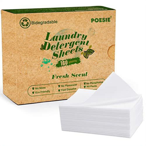 Poesie Laundry Detergent Sheets Eco-Friendly 160 Sheets Clear Plastic-Free Biodegradable Hypoallergenic Liquid Less Washing Sheets for Home Dorm Travel Camping & Hand Washing Clean No Waste Fresh Scen