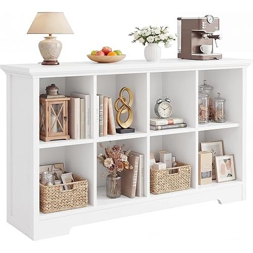 Aheaplus Wooden 8-Cube Storage Organizer with Charging Ports, Modern Cube Bookcase with Base, 3-Tier Floor Standing Open Cubbies Bookshelf, Cubicle Display Shelf for Home and Office, White