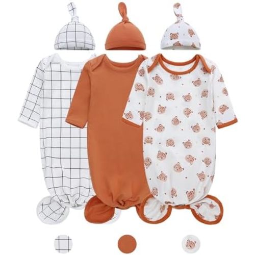 LAT Newborn Knotted Gown for Boy Girls,Baby Tie Gown Nightgown,Baby Sleeper with Matching Hat Set 3 Pack,Sleepwear Outfits