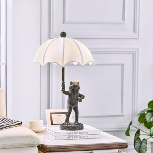 Mercer41 23" Bronze Resin Frog Table Lamp With Linen Umbrella Shade & Reviews | Wayfair