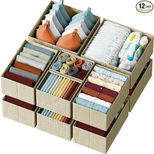 Drawer Organizer Clothes Set of 12 Beige - Dresser Organizer For Nursery, Bedroom, Closet - The Perfect Baby Clothes Organizer and Storage & General Nursery Organization or Dresser Drawer Organizers - 12 Baskets