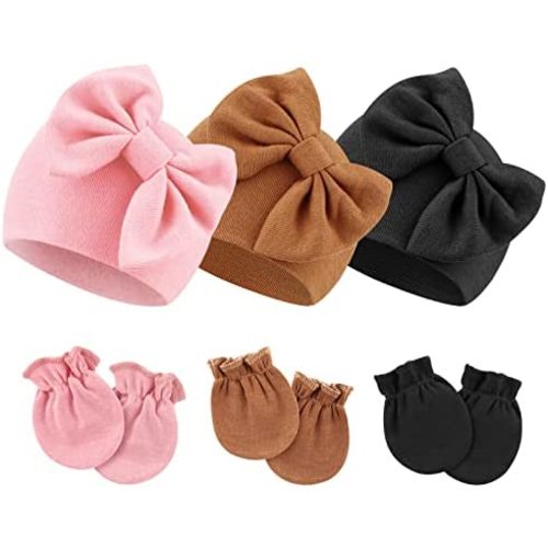 BQUBO Newborn Baby Hospital Hats Beanie Bow Infant Caps Baby Cotton No Scratch Mittens Set for 0-6 Months