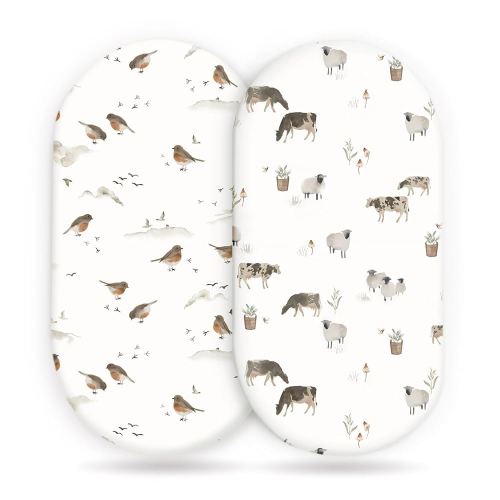 GRSSDER Stretchy Ultra Soft Bassinet Mattress Sheets 2 Pack, Universal Fitted for Baby Cradle Moses Basket Oval Rectangle Standard Pad Safe and Snug, Cute Animal Print Bassinet Sheet for Boys