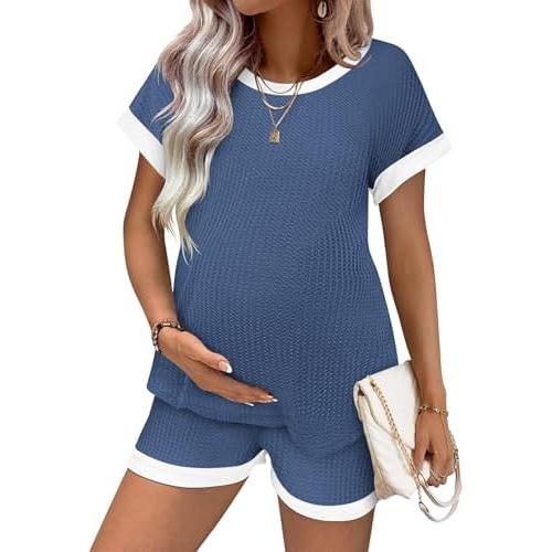 Ekouaer Women's Waffle Knit Maternity Pajamas 2 Piece Outfits Short Sleeve Tops and Shorts Loungewear Set Pregnancy Clothes