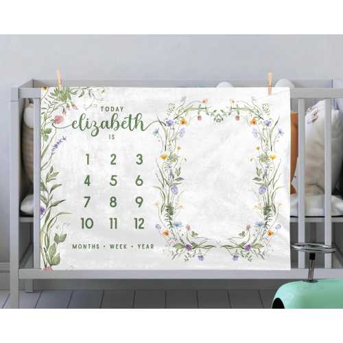 Personalized Wildflower Floral Month Blanket, Custom Name Milestone Blanket, Botanical Baby Girl Gift, Baby Shower Gift, Nursery Decor