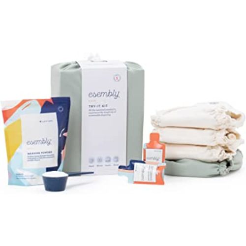 Esembly Cloth Diaper Try-It Kit, Starter Set of Organic, Reusable Diapers with Detergent, Diaper Cream and Diaper Bag - Eco-Friendly Diapering System, Sea Glass, Size 2