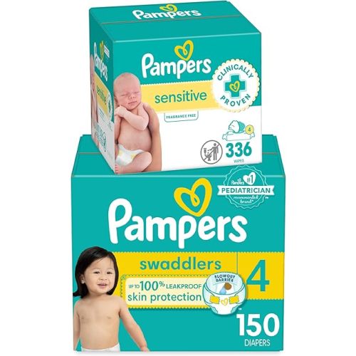 Pampers Swaddlers Disposable Baby Diapers Size 4, 150 Count with Sensitive Water Based Baby Wipes 4X Pop-Top Packs (336 Count)