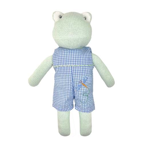 Knit Frog Doll with Blue Check Dragonfly Romper