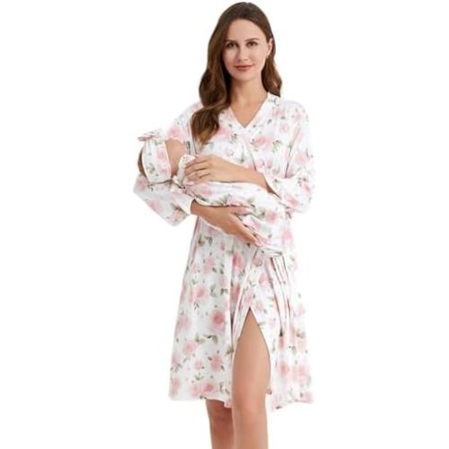 Galabloomer Maternity Robe and Baby Receiving Blanket, Matching Mommy Labor Delivery Robe and Swaddle Set