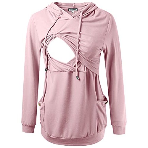 GINKANA Womens Nursing Hoodie Top Sweatshirt Long Sleeve Button Decoration Pockets Shirts Tunic Top