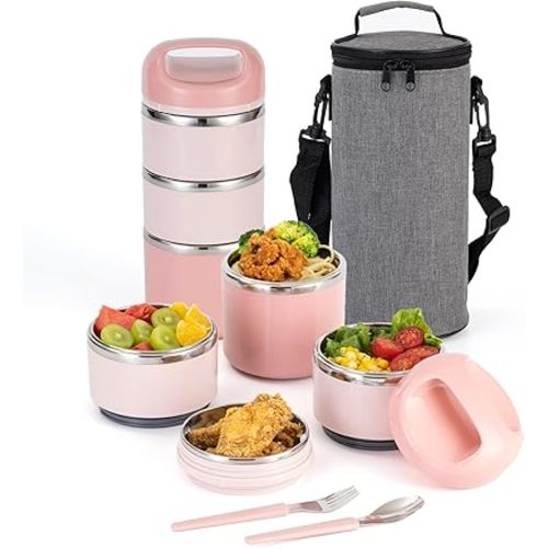 Lille Home 3-Layer Stainless Steel Lunch Box 1.43L- Leakproof, BPA-Free Insulated Bento Box for On-the-Go Meal Prep, Stackable Food Container for Women & Men