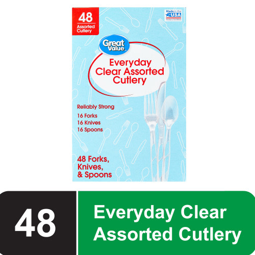 Great Value Everyday Clear Assorted Cutlery, 48 Count