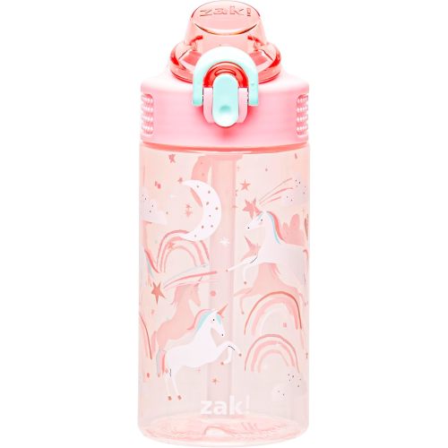 Zak Designs Sage Water Bottle For School or Travel, 16oz Durable Plastic Water Bottle With Straw, Handle, and Leak-Proof, Pop-Up Spout Cover (Fanciful Unicorn)